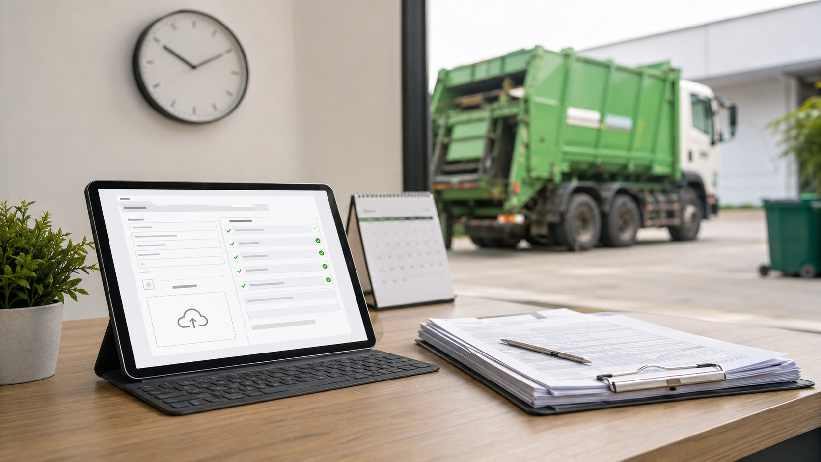 Formulario rifiuti digitale su tablet con documenti cartacei e camion per la raccolta rifiuti sullo sfondo
