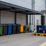 Area aziendale per il deposito temporaneo dei rifiuti con contenitori separati e fusti su vasche di contenimento